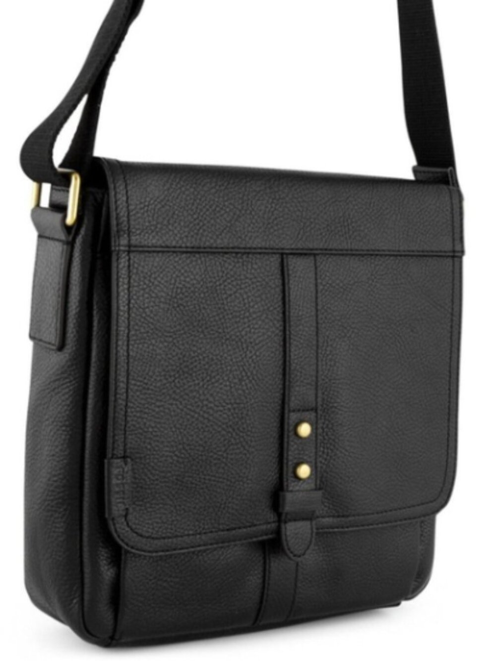 BNWOT Fossil Travis City Messenger Bag Black Pebbled Leather Canvas Strap